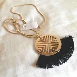 New Kate Landry Gold Medallian Black Fringe Necklace